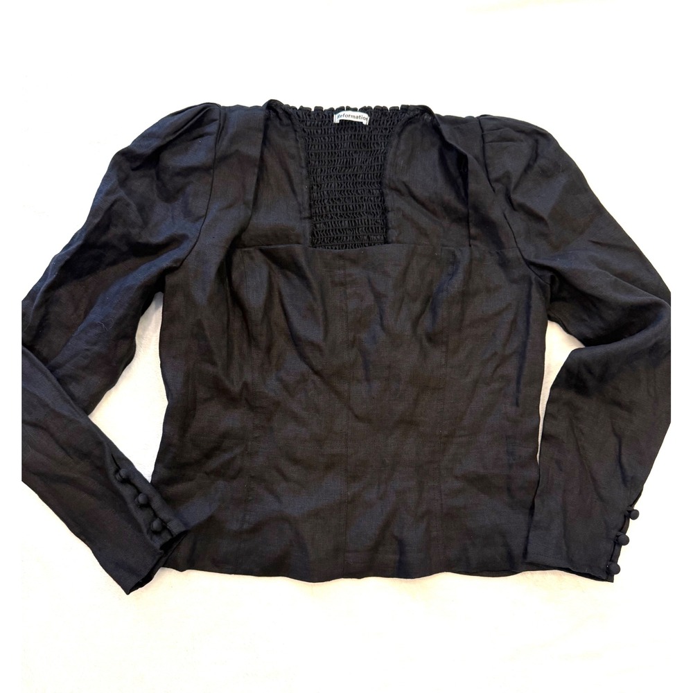 Reformation Black Linen Smocked Back Square Neck Puff Sleeve Blouse Top